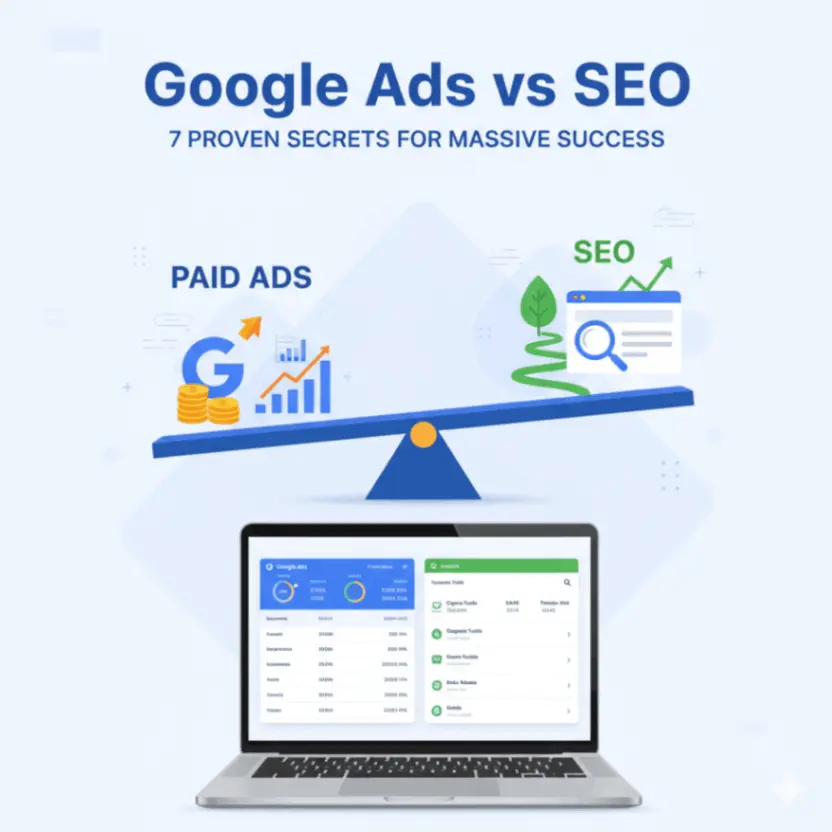 Visual representation of Google Ads and SEO, perfectly balanced on a scale above a laptop displaying analytics, illustrating the '7 Proven Secrets for Massive Success' in digital marketing.