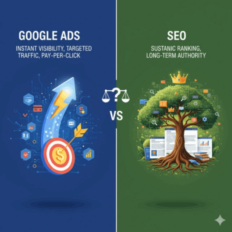  Google Ads vs SEO — an illustrated comparison showing Google Ads as a fast way to gain instant traffic and visibility through paid ads, while SEO represents steady, long-term growth and organic authority built over time.
